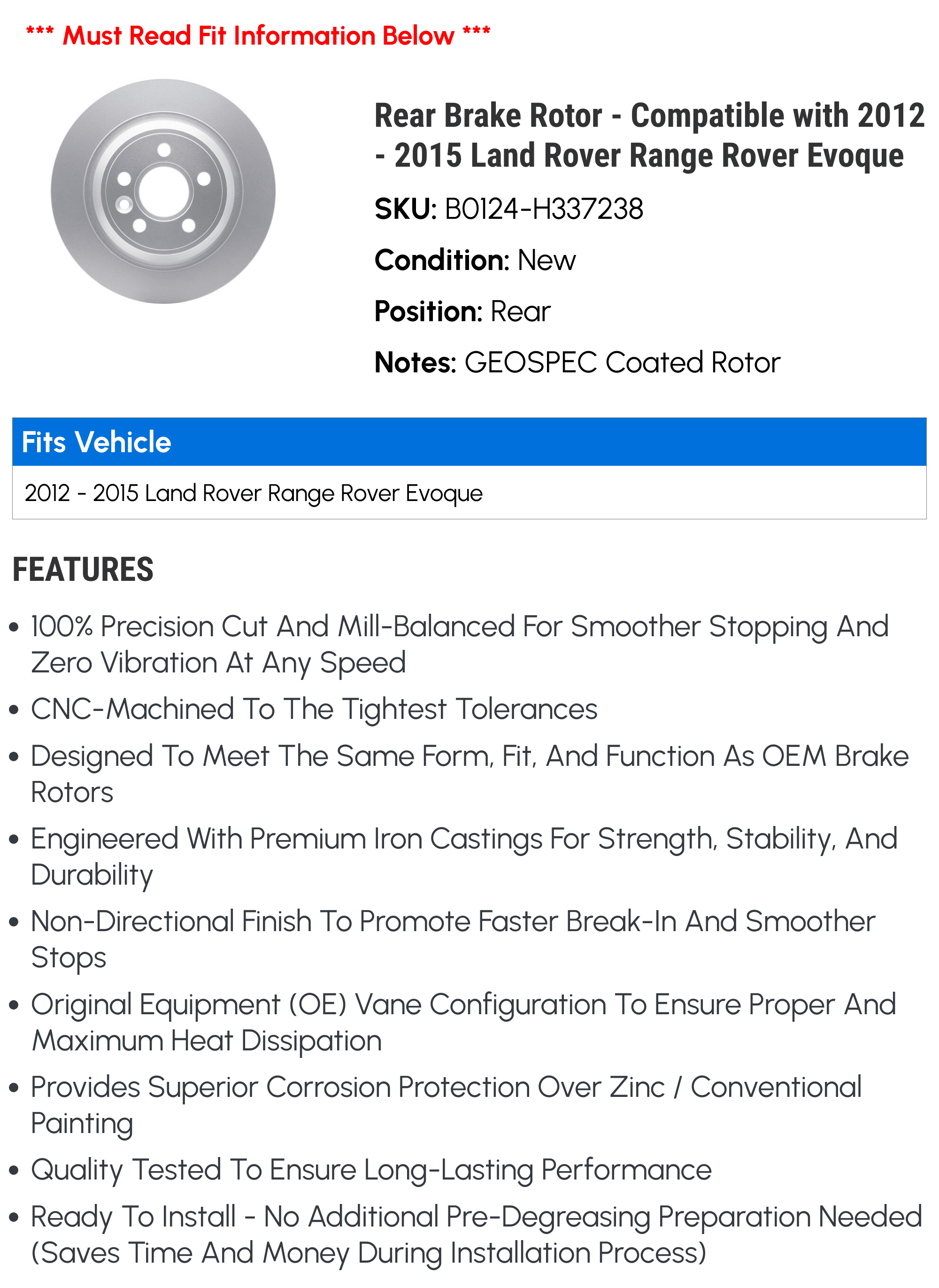 2014 Rear 2012 Range Rover Compatible Land Rover Rotor with 2015 2013 - Brake - Evoque