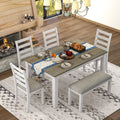 Set Table CoSoTower 4 Chairs A With Room 6-Piece Brown Whitewash Upholstered + & Bench, Dining Rustic Style