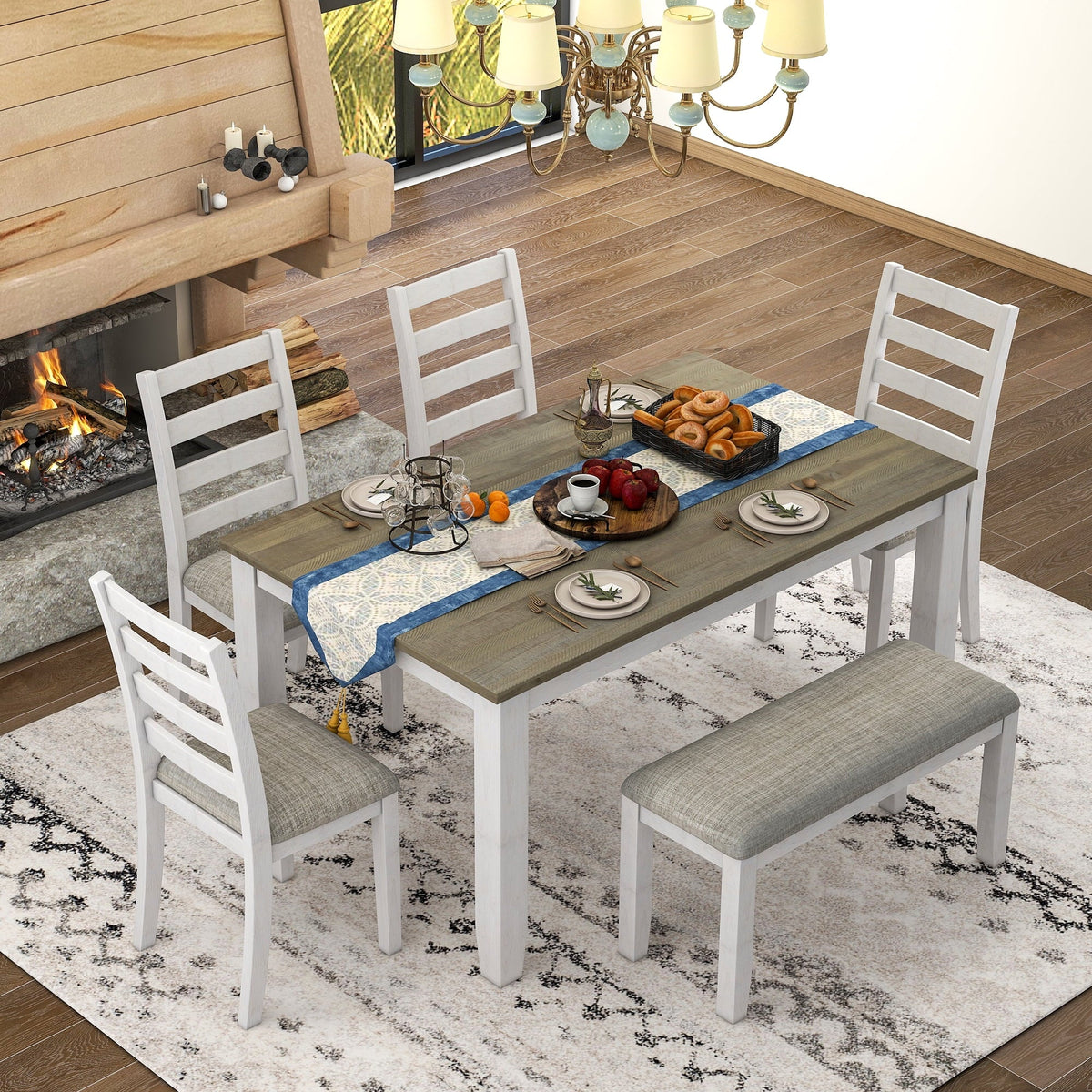 Set Table CoSoTower 4 Chairs A With Room 6-Piece Brown Whitewash Upholstered + & Bench, Dining Rustic Style