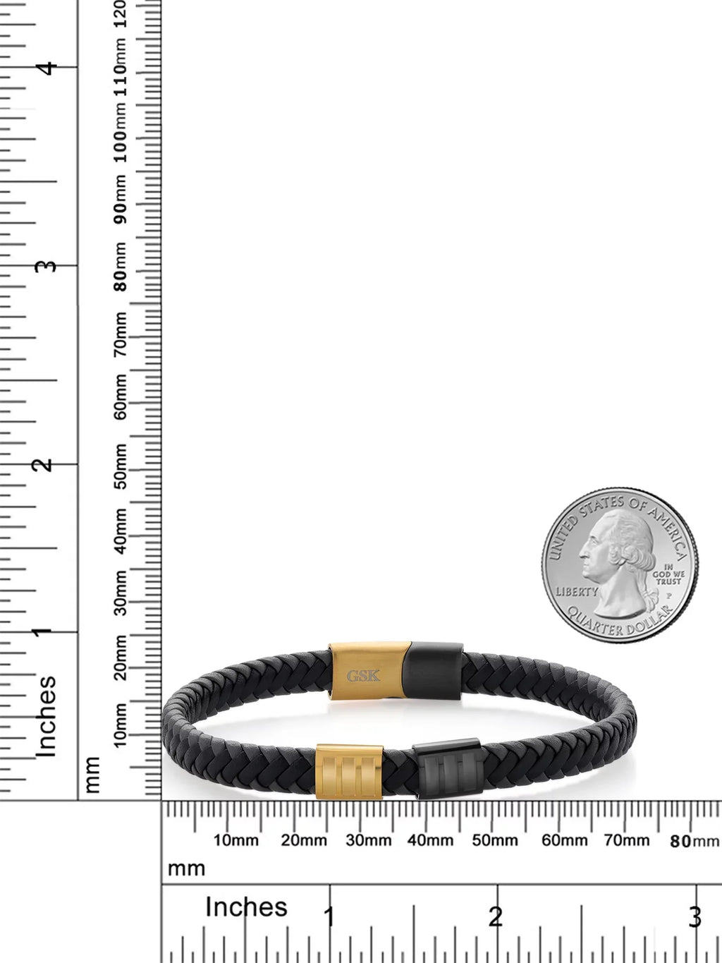 Stainless 7.7MM Stone Premium Men's (8.25 Black Steel inch, Leather Gold Gem King Genuine Width)