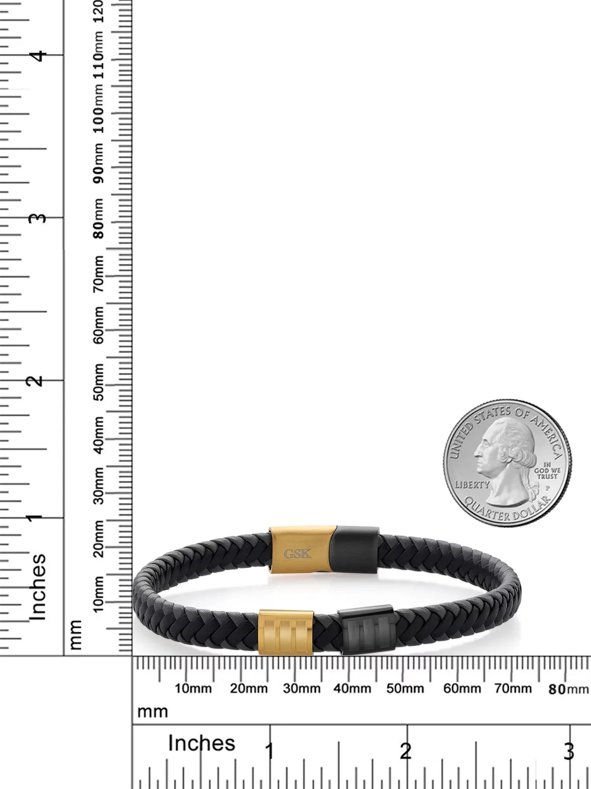 Stainless 7.7MM Stone Premium Men's (8.25 Black Steel inch, Leather Gold Gem King Genuine Width)