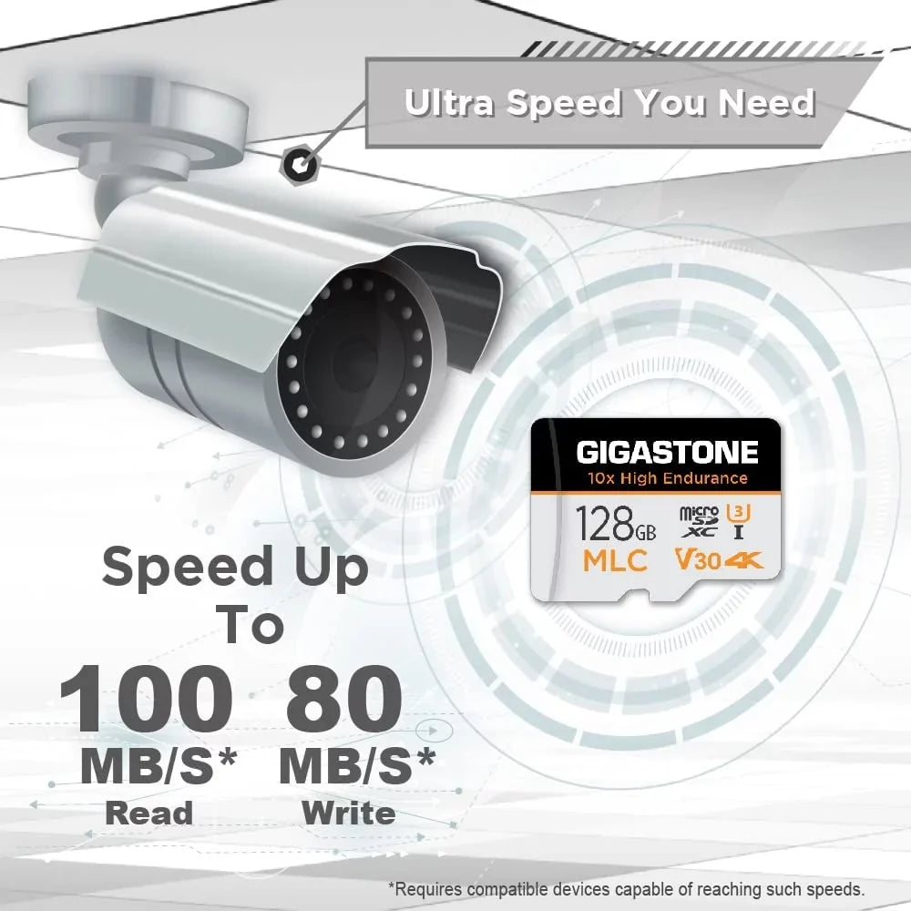Compatible 100MB/s, Cam, with Gigastone Recording, Micro C10, Security SD Cam, [10x MLC Dash 128GB Video Card, Endurance] 2-Pack U3 High Adapter Surveillance 4K