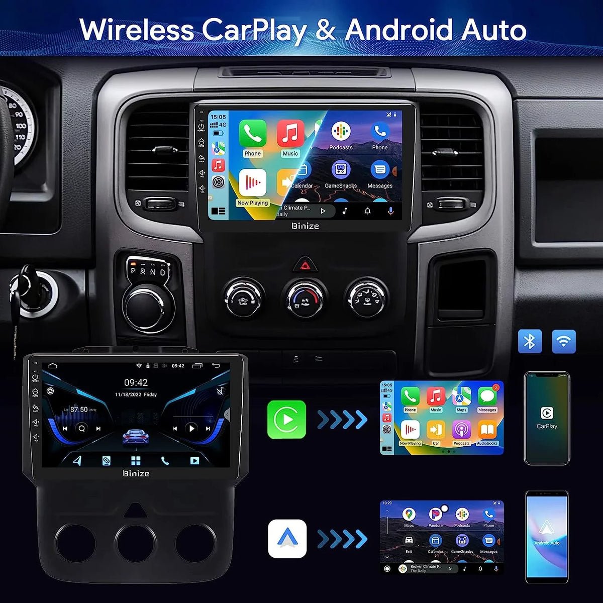 Dodge Radio Stereo 12 Wireless Auto/AM/FM/Backup Unit with Car GPS Camera/DSP/SWC/BT/WiFi/2+32GB in-Dash for 1500 Navigation 2500 Din CarPlay/Android Ram 3500 2013-2018, 9" Android Double Binize