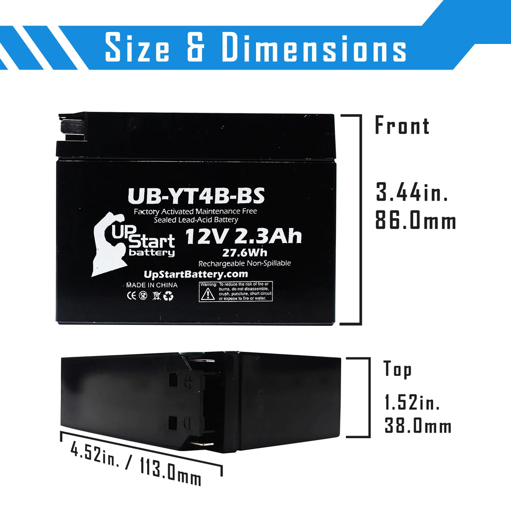 Factory SR400 2010 Yamaha Activated, (FI) Battery 4-Pack for Battery Replacement UB-YT4B-BS Free, 12V, 400CC - UpStart Motorcycle 2.3Ah, Maintenance