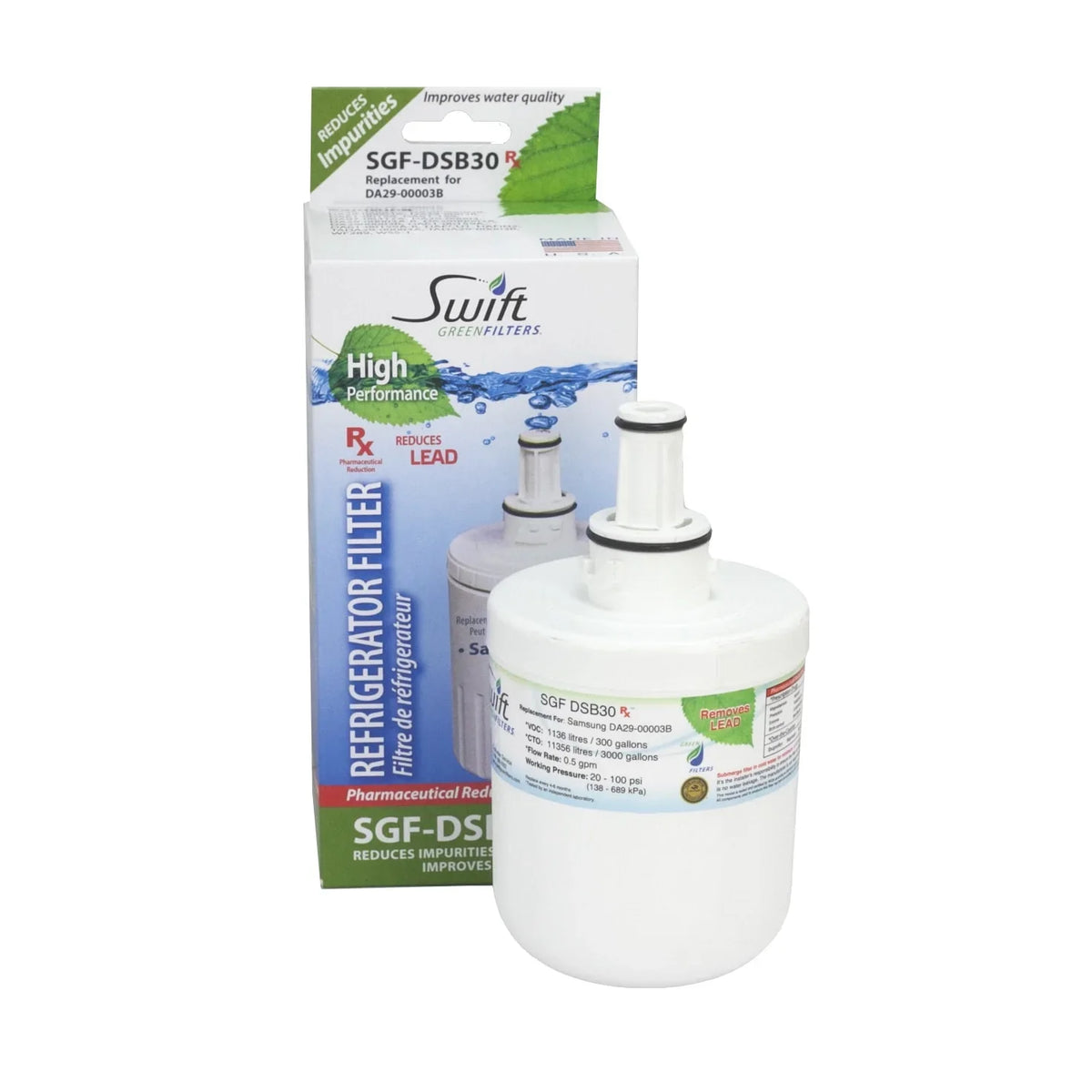 Filters Pharmaceutical Rx 3) Green for Water SGF-DSB30 Replacement Refrigerators Swift Filters(Pack of Samsung DA2900003G
