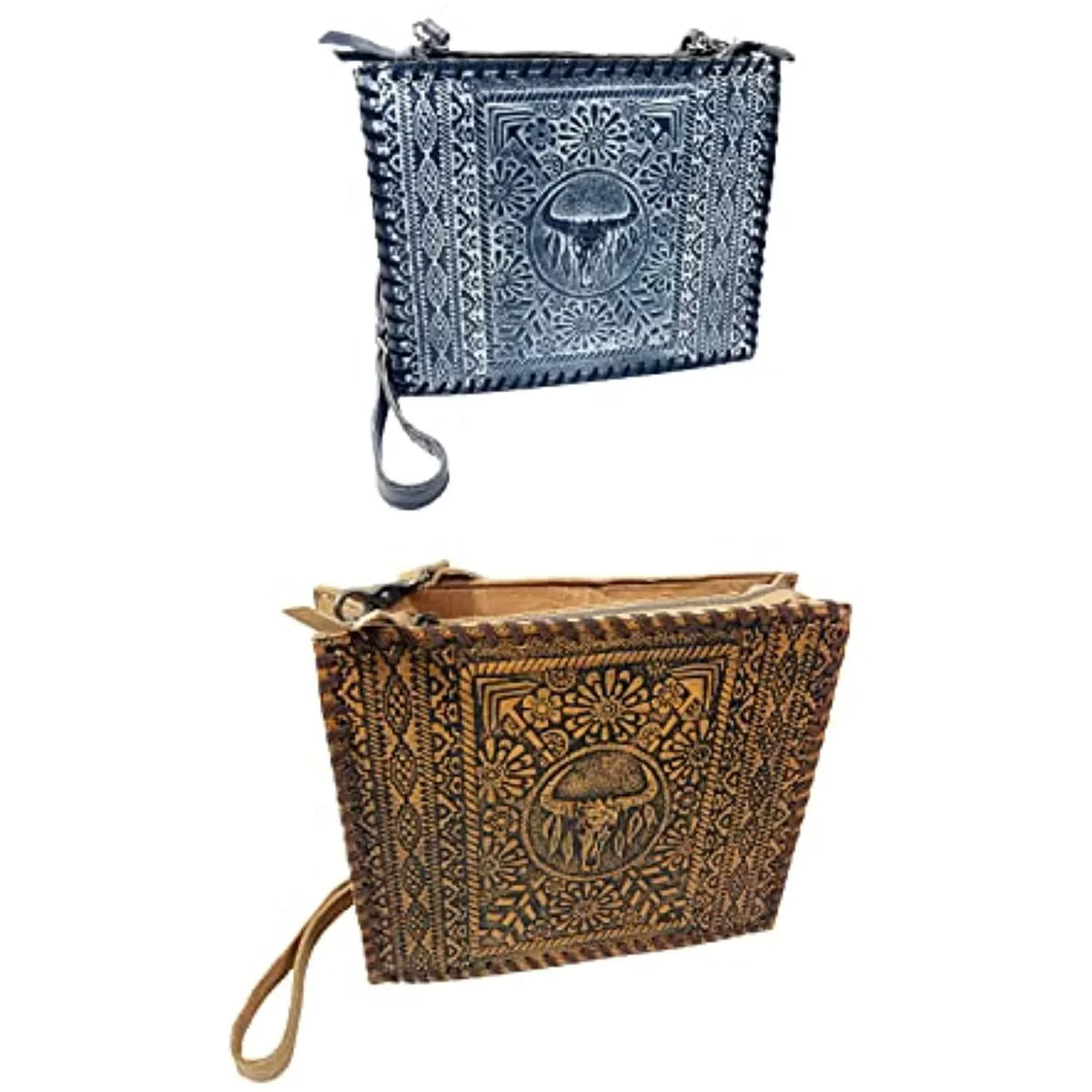 Handbag Crossbody Tote Stitched Urbalabs Bag Hand Purse (Blue) Skull Genuine Cow Western Large Tooled Longhorn Leather