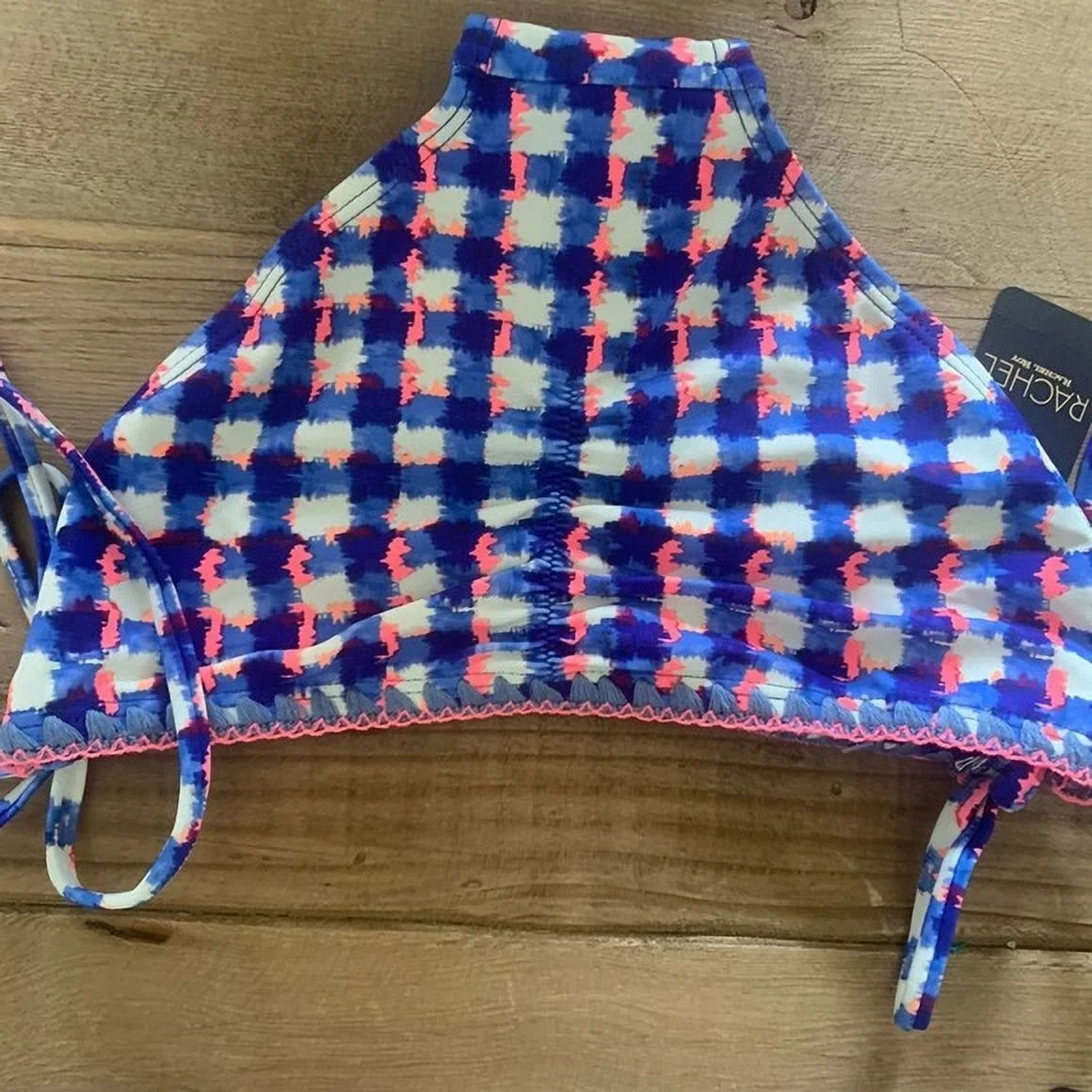 Bottom, Rachel Roy BLUE Triangle Tie CHECKERED Swim Bikini US Side Small