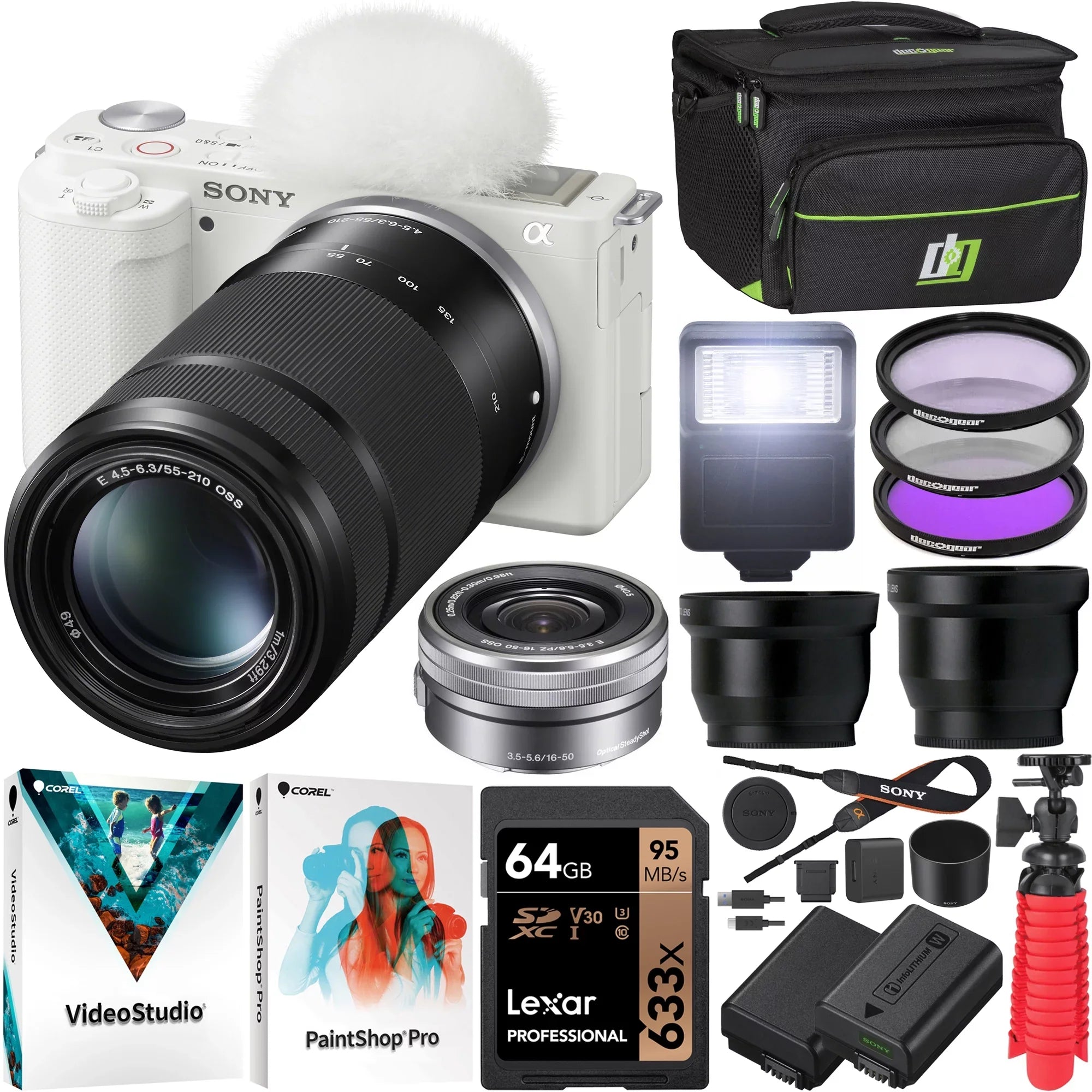 '+ + Mirrorless + Angle 55-210mm Sony Telephoto Bundle Set Camera Battery 16-50mm Filter Lens Kit APS-C ILCZV-E10L/W Vlog & Accessories + Lenses Gear Extra 2 & ZV-E10 Alpha Case with Deco White Wide