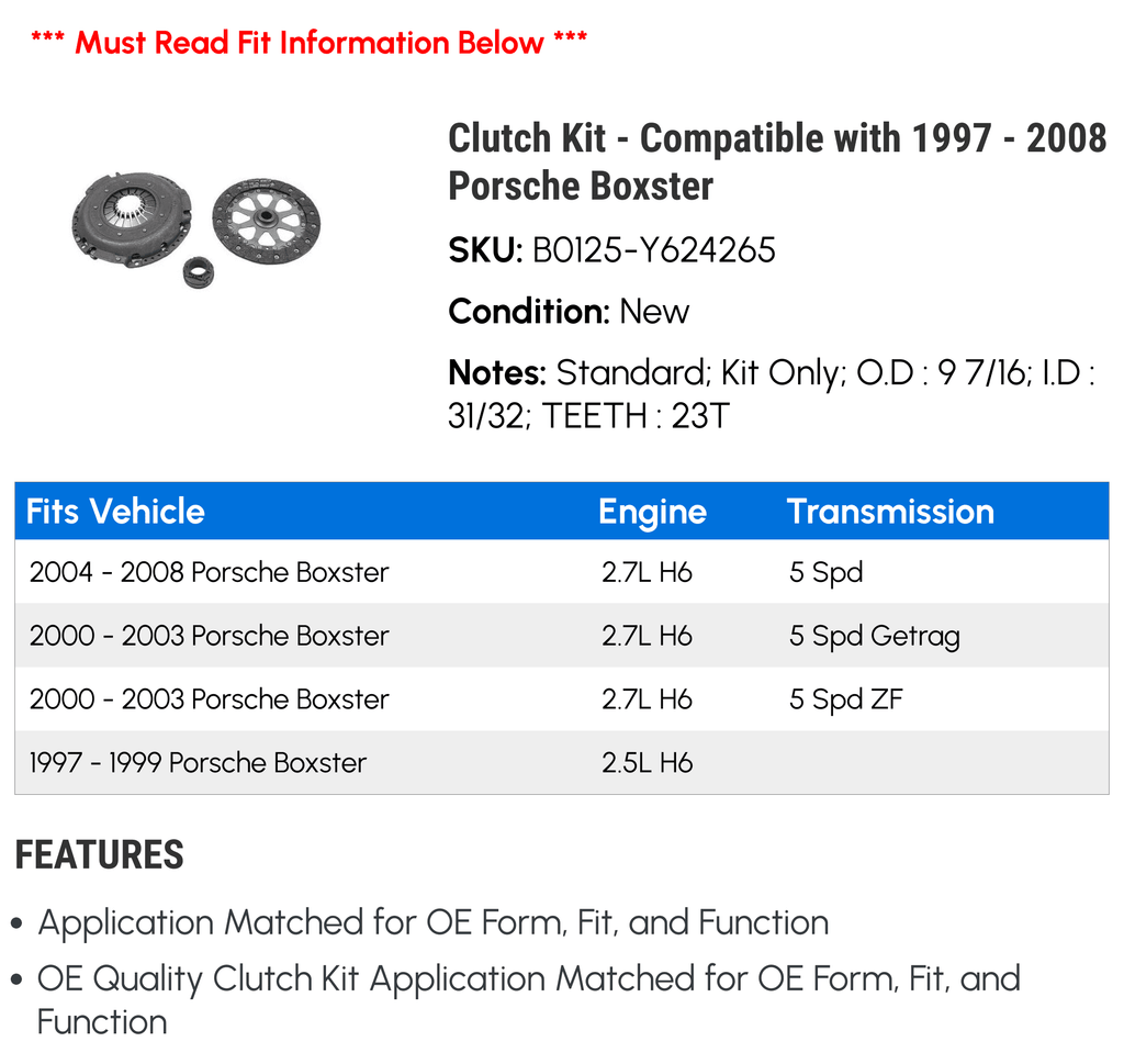 '- 2004 2001 1997 with Kit Porsche Clutch 2005 2000 2008 - 2003 1998 1999 Boxster 2002 Compatible 2007 2006