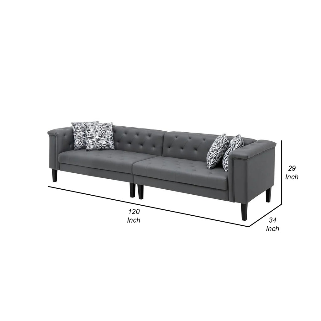 120 Leather Ella Tufted, Sofa, Vegan Benjara Button Seater Gray 4 Inch Faux Deep