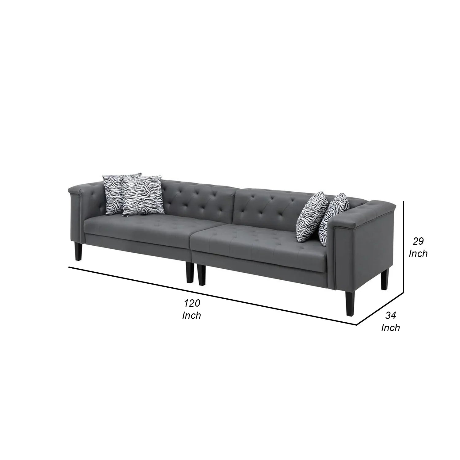 120 Leather Ella Tufted, Sofa, Vegan Benjara Button Seater Gray 4 Inch Faux Deep