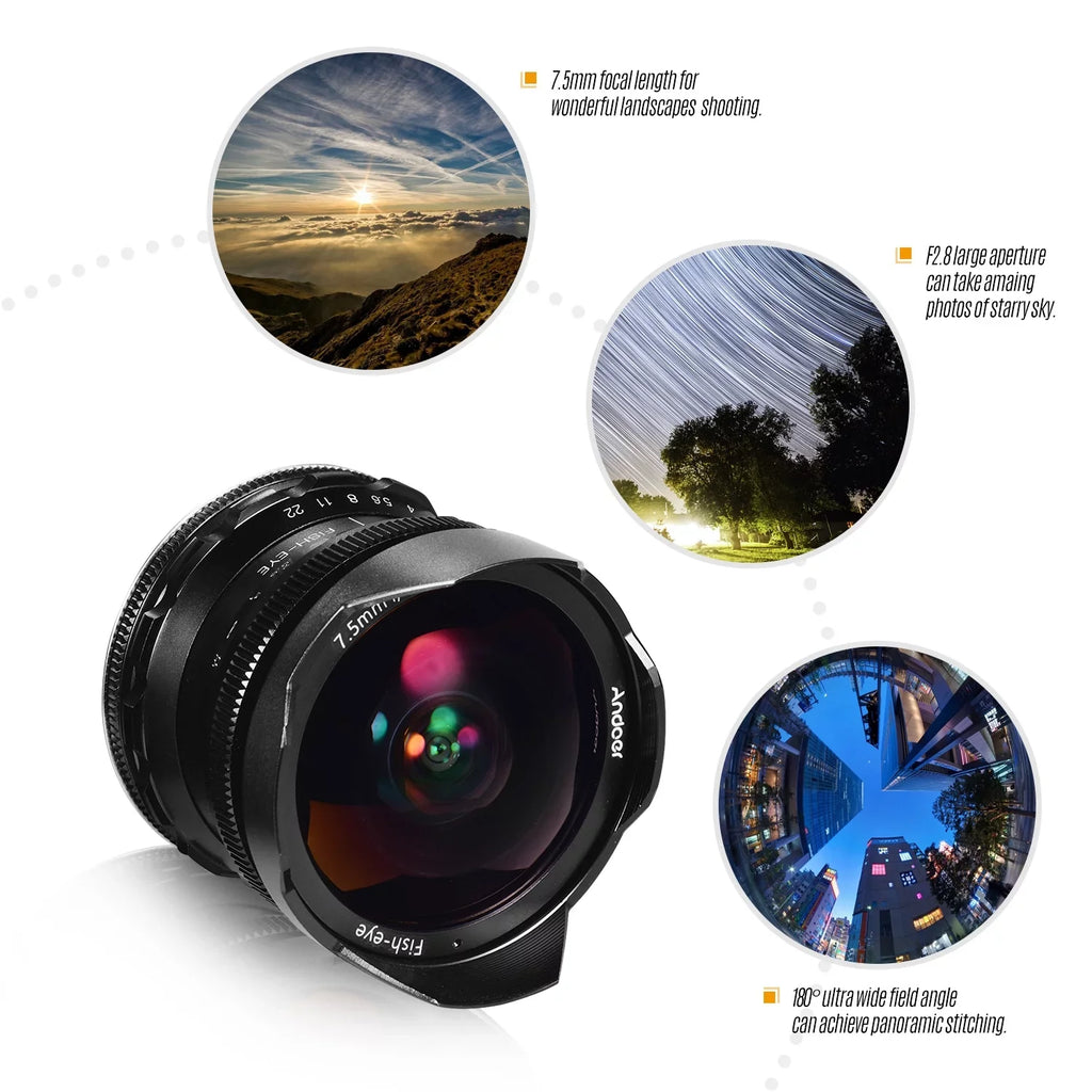 Large Manual Angle A77II A6100 Frame 180° E-Mount Lens A6000 A6400 Fisheye with A6500 F2.8 Focus Aperture 7.5mm Compatible A6600 Ultra 5100 Wide Andoer A6300 Andoer Lens Camera APS-C