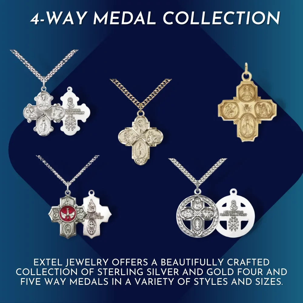 Medal, with 5-Way Christopher in Heart, Gold and Large St. 14kt Miraculous Made Catholic Traditional Filled Extel Cruciform Cross Joseph, Sacred USA St. Medal