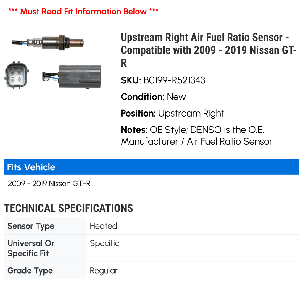 GT-R 2009 2013 Sensor - Right Upstream 2012 Ratio 2015 2010 2019 2014 Compatible 2017 2011 2016 - with 2018 Fuel Nissan atmospheric