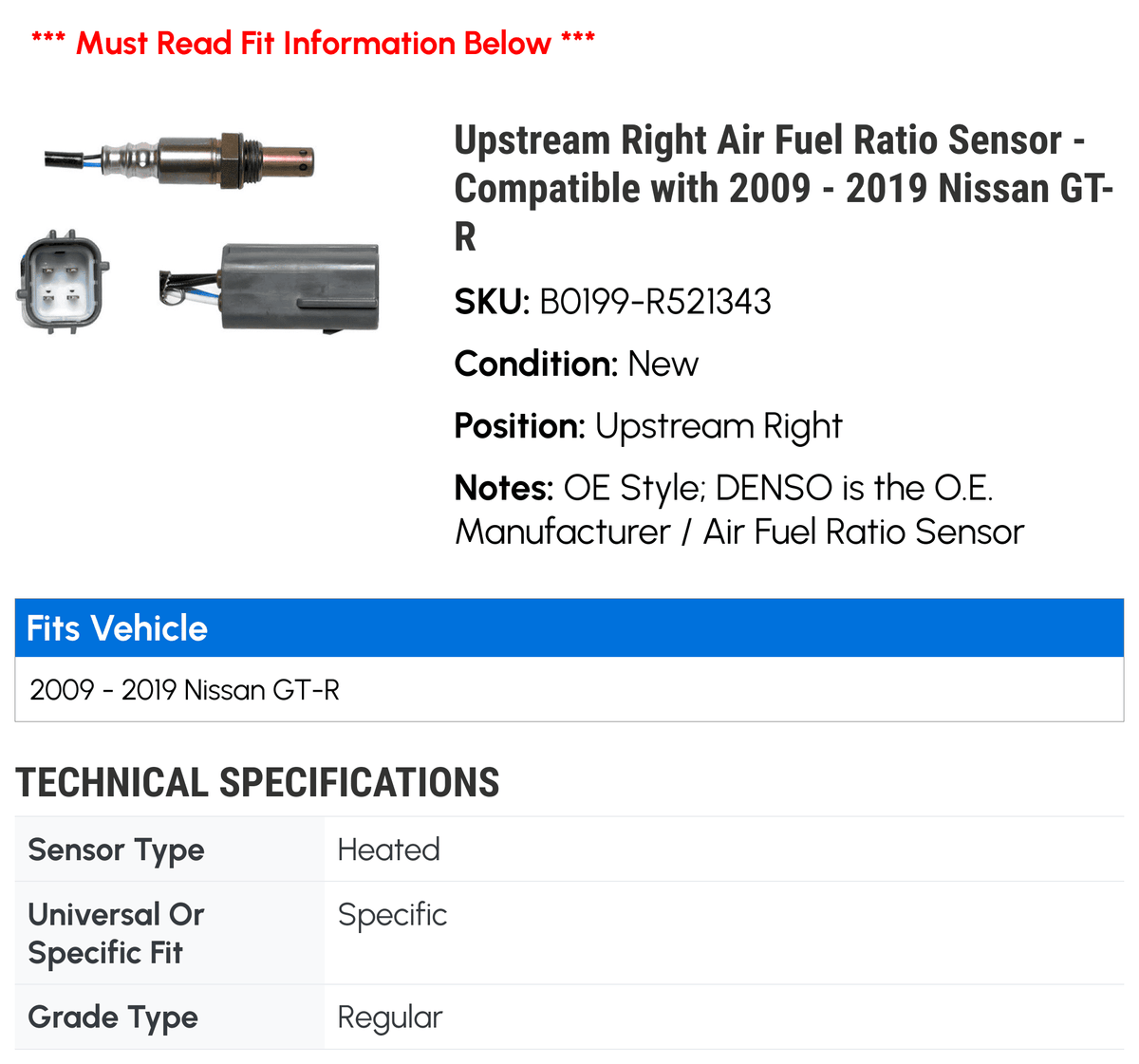 GT-R 2009 2013 Sensor - Right Upstream 2012 Ratio 2015 2010 2019 2014 Compatible 2017 2011 2016 - with 2018 Fuel Nissan atmospheric