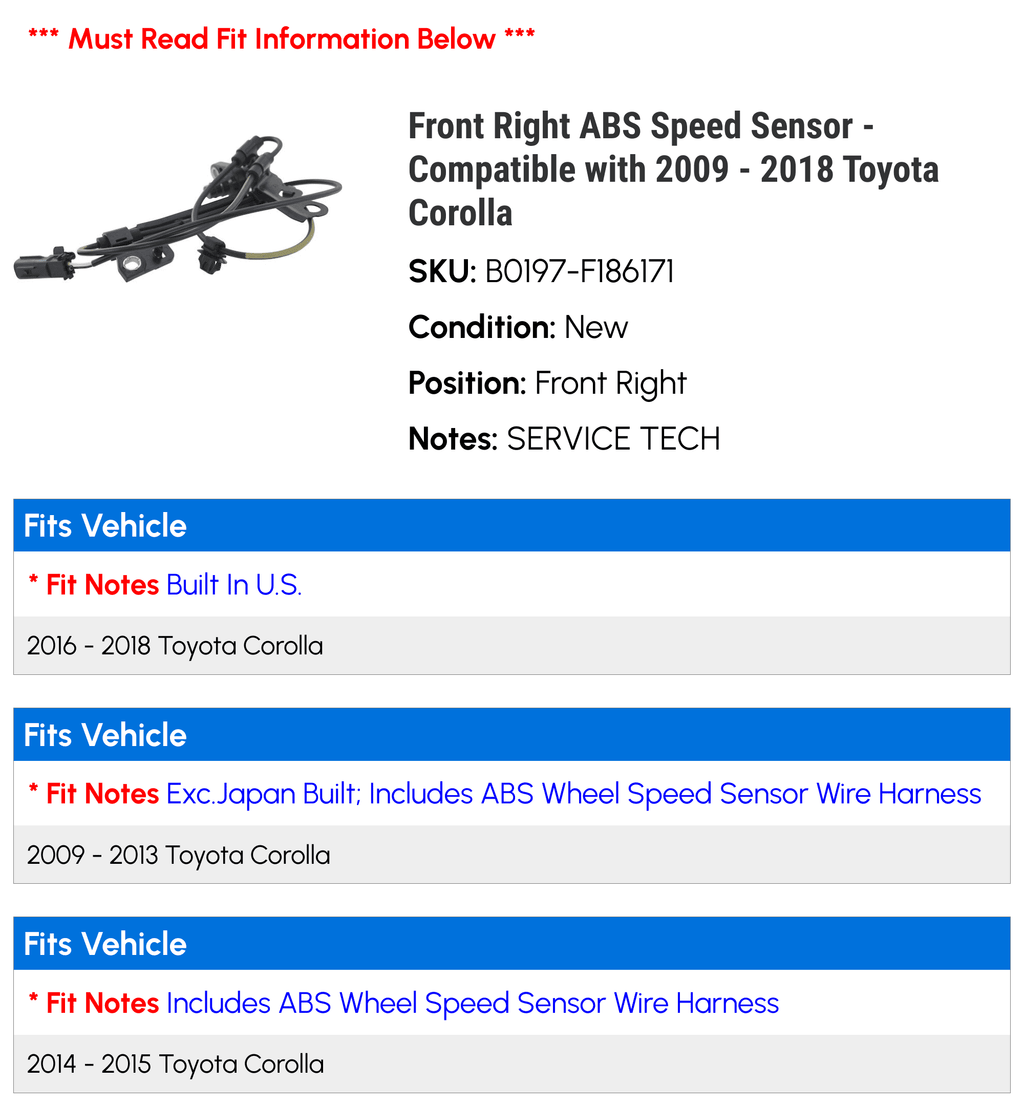 2010 Right 2013 Sensor 2014 2018 with 2009 Toyota 2015 2017 Compatible Speed 2011 2012 - ABS Corolla 2016 - Front