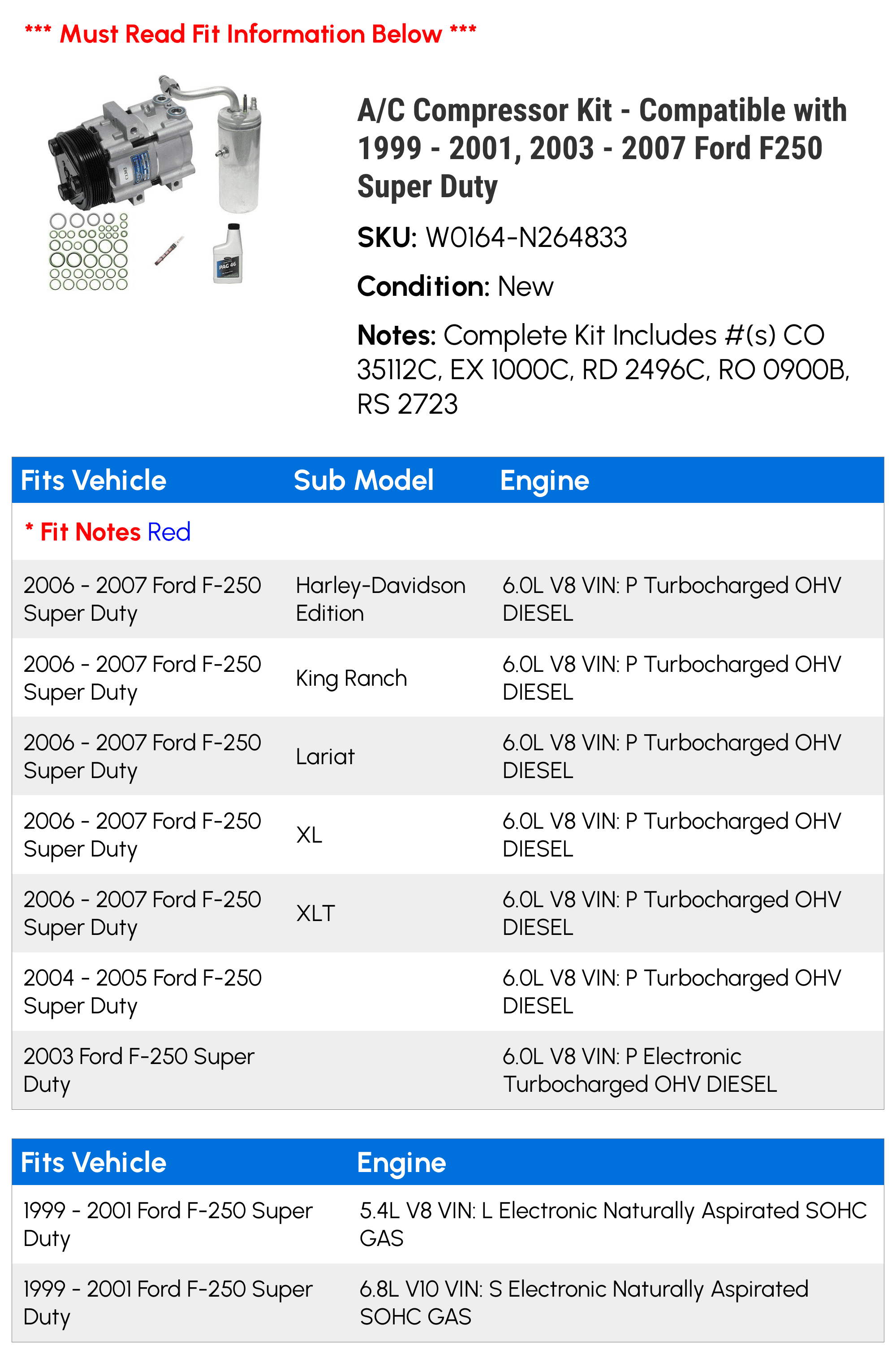 Ford 2007 Kit with 2006 2000 A/C F250 Compatible Super 2004 2003 - - Compressor 1999 2005 - Duty 2001,