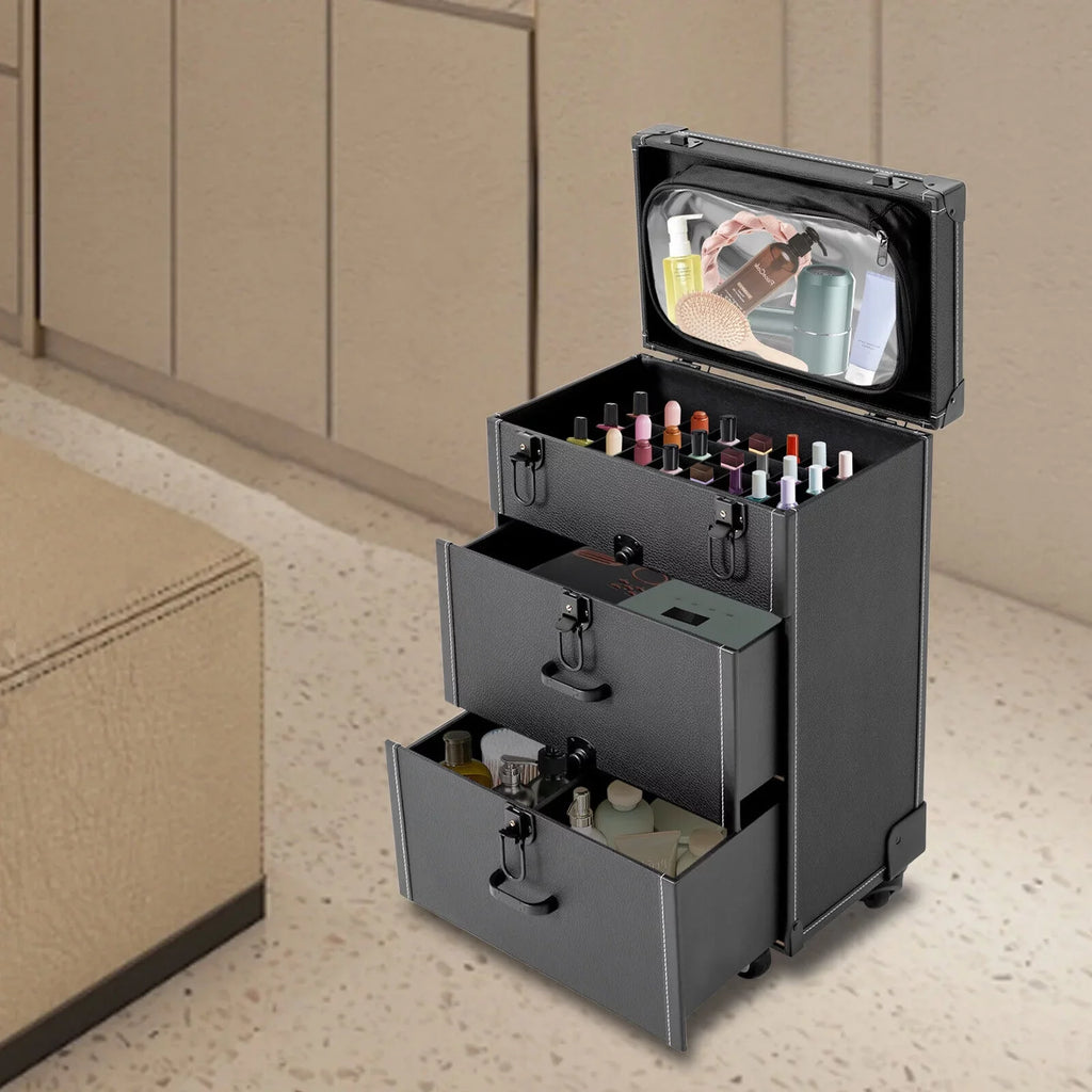 Polish Organizer 4 Train ZhdnBhnos Wheels Lock (Black) Box Rolling w/ Nail Storage & Case Luggage Trolley Makeup Cosmetic