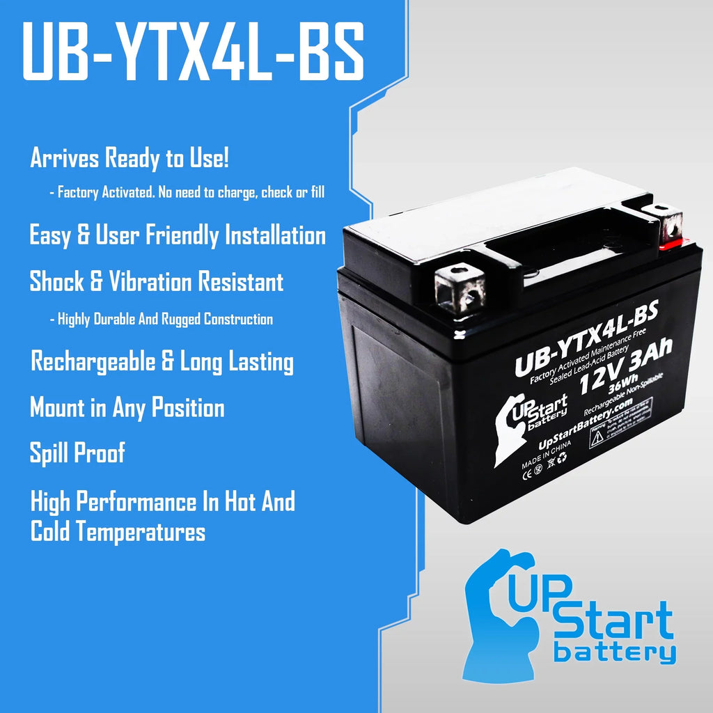 Battery (Can-Am) Maintenance 50CC Bombardier DS50, Quest 2002 Replacement Factory ATV UB-YTX4L-BS Activated, 3Ah, - 12V, Free,
