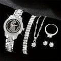 Hiphop Quartz Rhinestone Watch Jewelry Her Wrist 6pcs Fashion Watch Gift Luxury For & Set, Women Analog