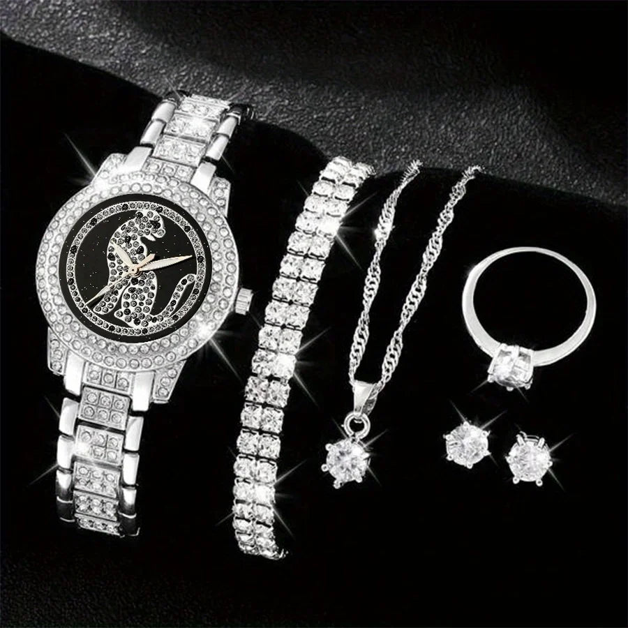 Hiphop Quartz Rhinestone Watch Jewelry Her Wrist 6pcs Fashion Watch Gift Luxury For & Set, Women Analog