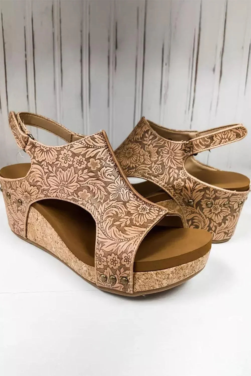 Rivet Brown Floral Vintage Hollowed Platform Sandals Leather