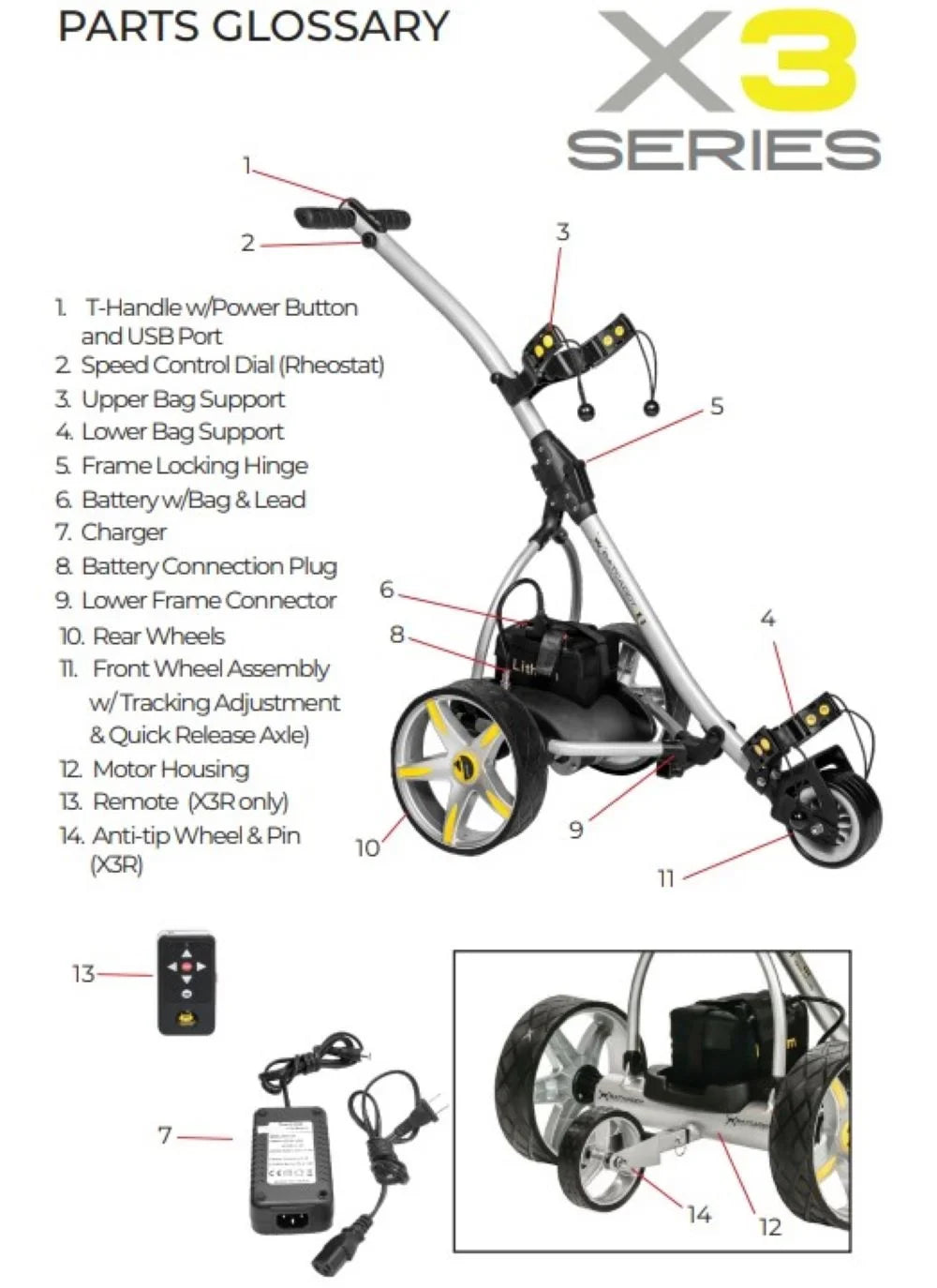 Motor, Control, Push Cruise Sealed Golf Powered BATCADDY X3R Anti-Tip Control, Remote, Battery and 9-Speeds Cart 18-Hole Reverse, Titanium Dual Wheel, with Lead Downhill Silver and