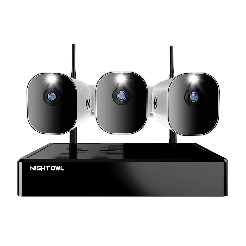 3 Cameras 4K Hard with 1080p Wi-Fi Spotlight HD Night 10 Channel Free Drive (Battery) 1TB Owl and Wire NVR