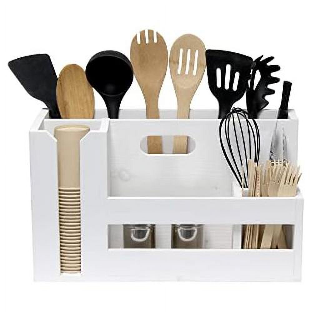 Condiment Flatware Compartments Picnic, Wooden Décor W Wht Farmhouse Handle Pantry Countertop Events Caddy Organizer Kitchen Utensils Breakfast & & Picks Wash BBQ For Cutout