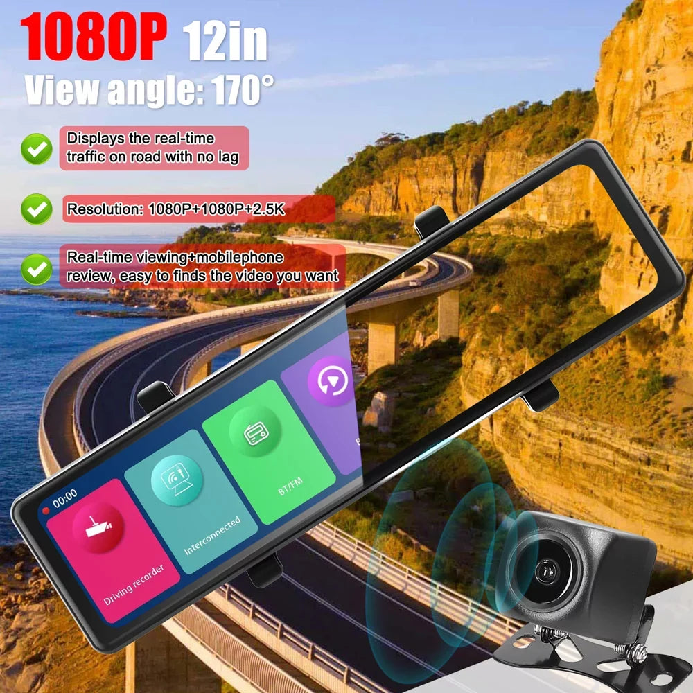 Screen Enhanced Pinnaco Recorder Touched Driving 3 2.5K Rearview Recorder Cam Mirror Dash Car Safety Auto BT Cameras Camera for Car Video Recording Camcorder Car Clear