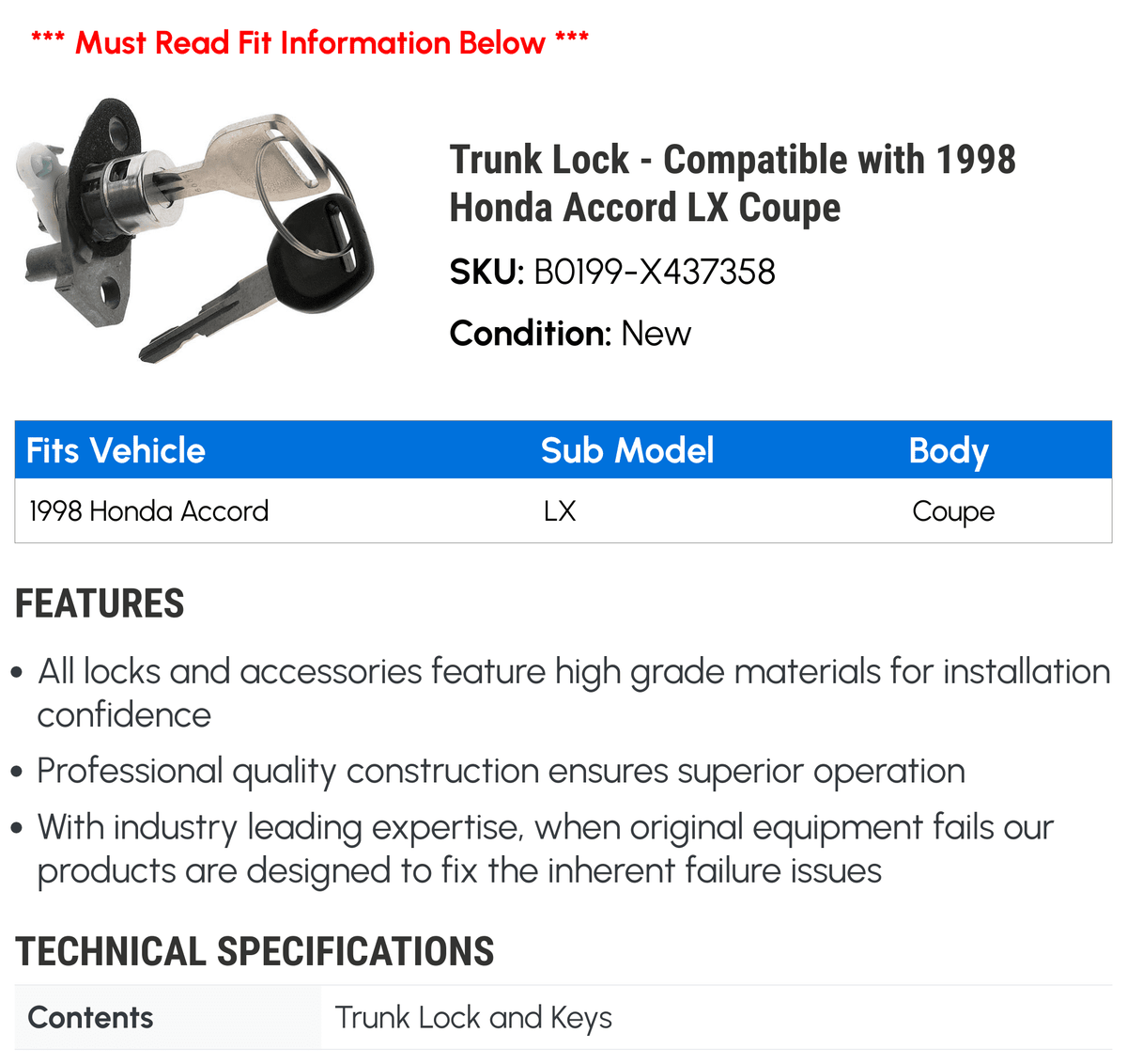 with 1998 Lock Trunk Accord Honda LX Compatible Coupe -