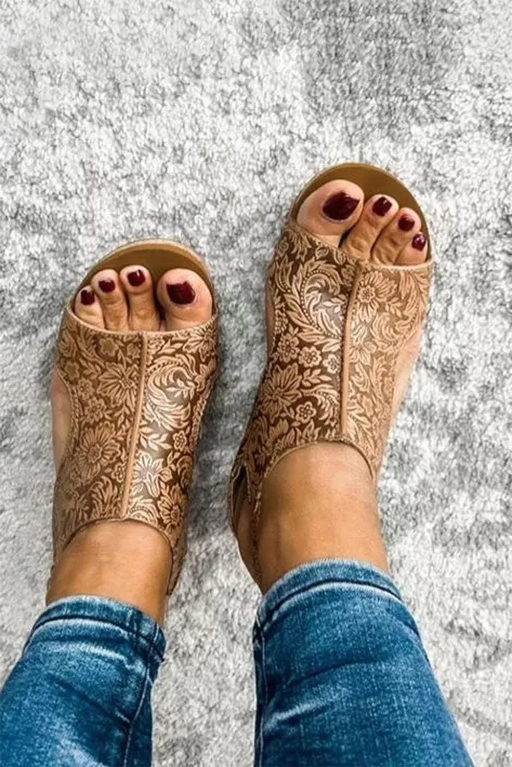 Rivet Brown Floral Vintage Hollowed Platform Sandals Leather