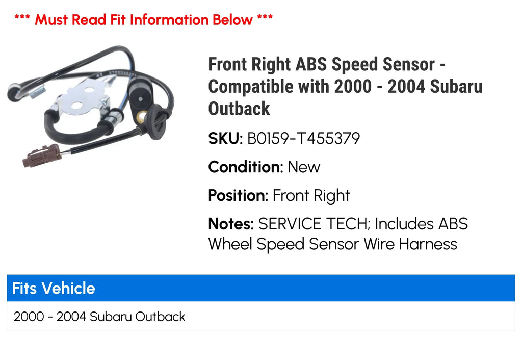 Speed 2003 2004 Right Compatible Outback with 2001 - 2002 - Front ABS Subaru 2000 Sensor
