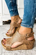 Rivet Brown Floral Vintage Hollowed Platform Sandals Leather