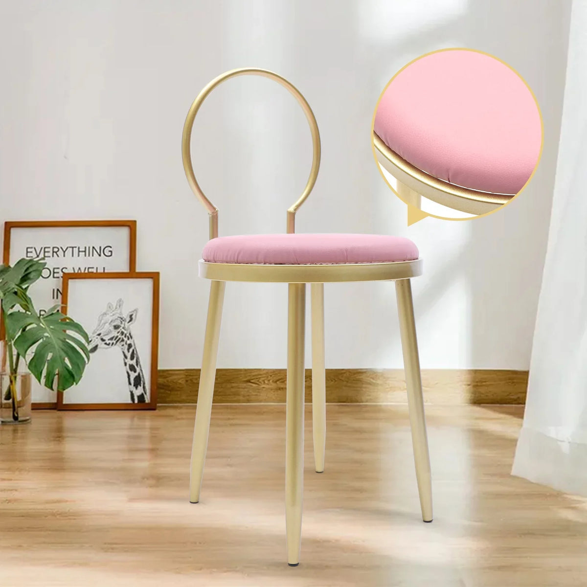 Chair, Pink 13.78*12.2*27.36" Iron Pink Stool + Gold Vanity Anqidi Simple Sponge Leather + Dresser