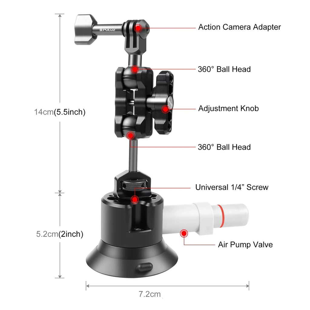 GoPro Suction for Dual Camera Cup Action Rotatable Action Mount Bracket for Ballheads Suction Hero Replacement Camera 3/2 360° PU845B PULUZ Osmo Mount 11/10/9/8,