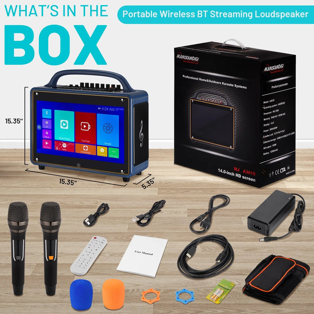 Loudspeaker mobile for 12/4+64G,Support Adults&Kid,14”HD Microphone/WiFi/USB/SD/PC/TV/Phones/HDMI Touch Karaoke Wireless BT Systems Screen/Android Machine Streaming