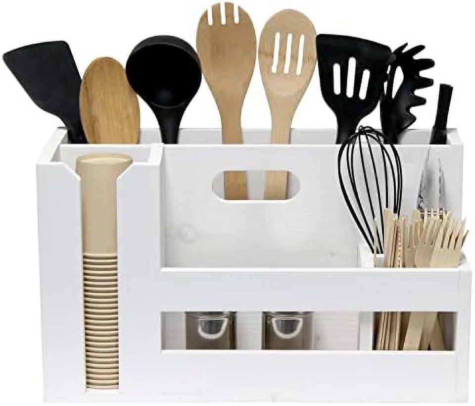 Condiment Flatware Compartments Picnic, Wooden Décor W Wht Farmhouse Handle Pantry Countertop Events Caddy Organizer Kitchen Utensils Breakfast & & Picks Wash BBQ For Cutout