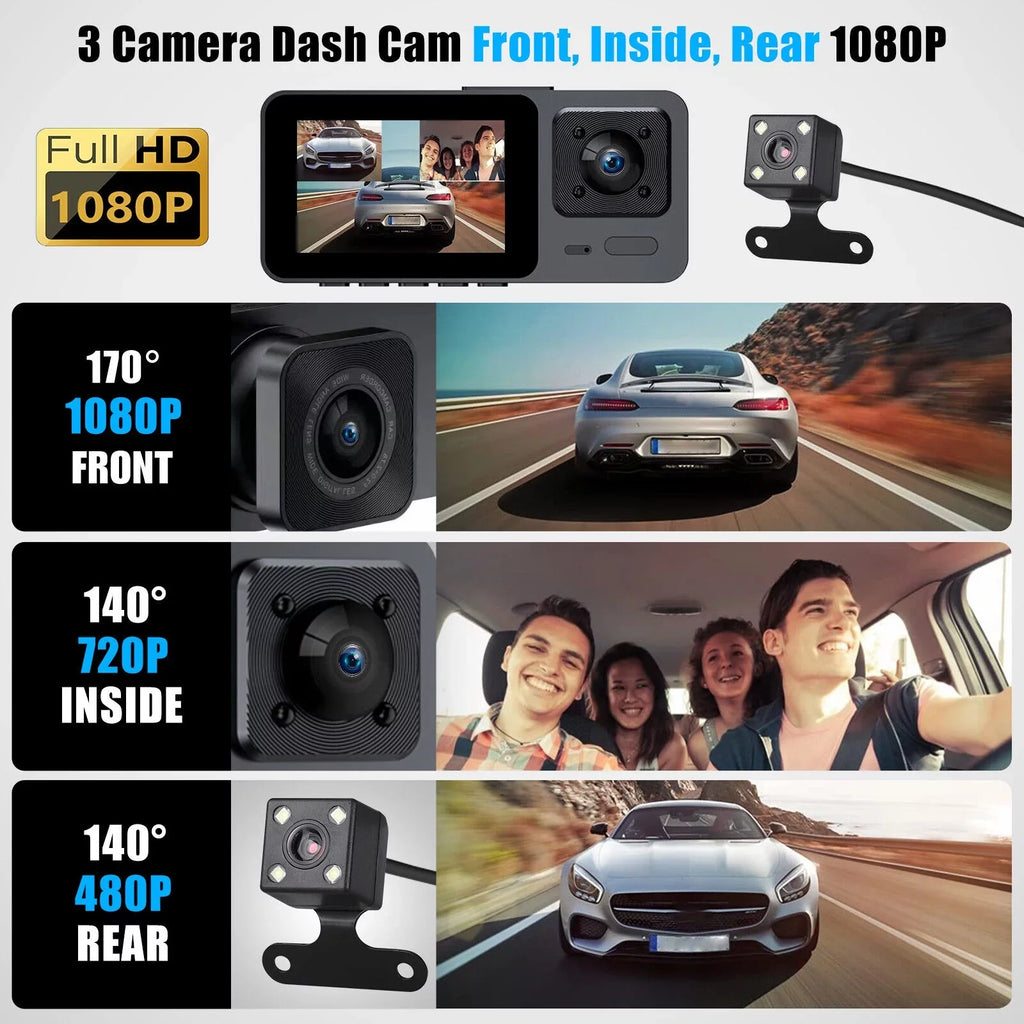 Rear Dash 3 Lens Video Camera Car 1080P Recorder Cam Inside Front G-Sensor DVR