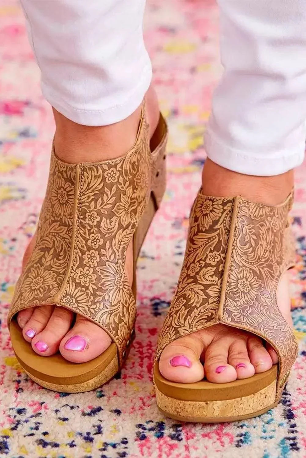Rivet Brown Floral Vintage Hollowed Platform Sandals Leather