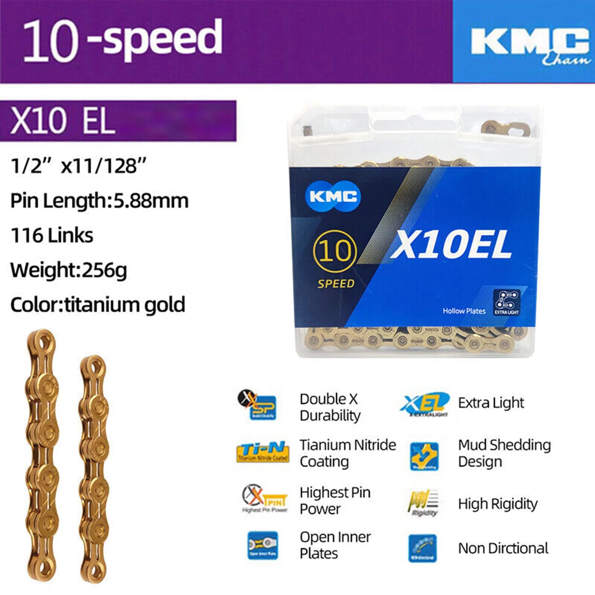 Bike KMC Glod Bike X10EL Speed Mountain Chain Chain 114L 10 Bicycle Road Chain