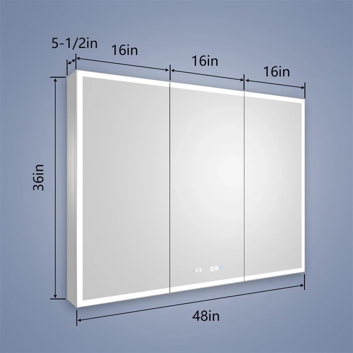 36" Lighted Clock Recessed 48" mirrors and with H Medicine Rim x Cabinet or W Led Surface