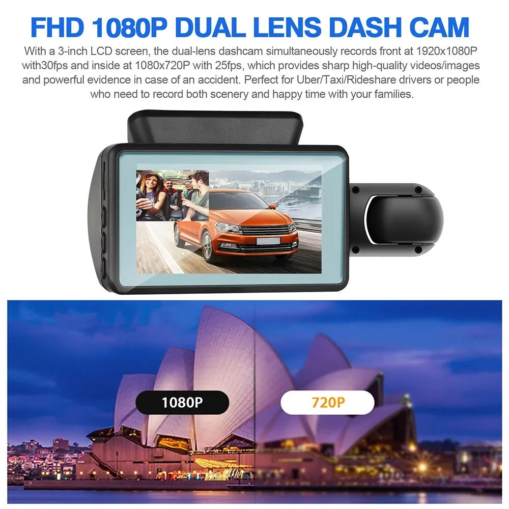 Recorder DVR Rear G-Sensor Cam Car and 1080P Lens Front Dash Dual Video Camera