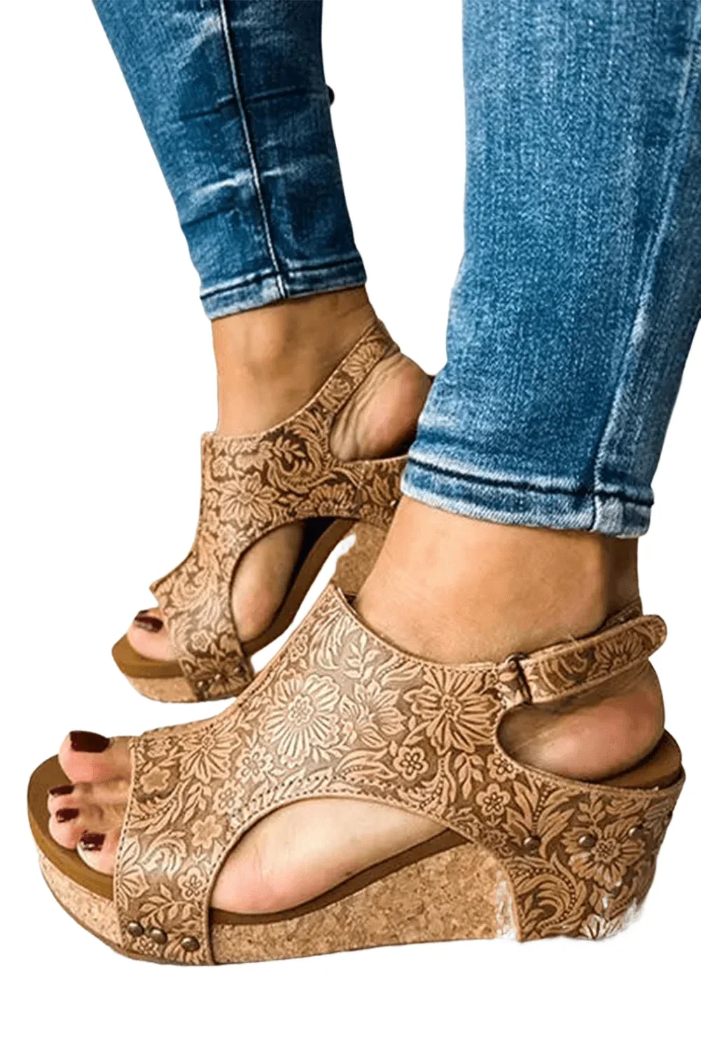Rivet Brown Floral Vintage Hollowed Platform Sandals Leather