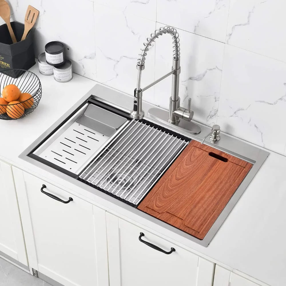 Kitchen Drop-In Stainless Holes Single Faucet PROOX 2 Steel Sink 30'' with Bowl