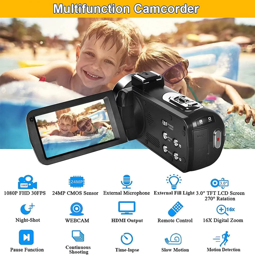 30FPS Zoom 3.0 Camcorders Inch Video 24.0 Night 1080P Vlogging Batteries Camera IPS HD MP Remote Camera Recorder Camera 2 Vision Screen Control with Full Camcorder 16X IR