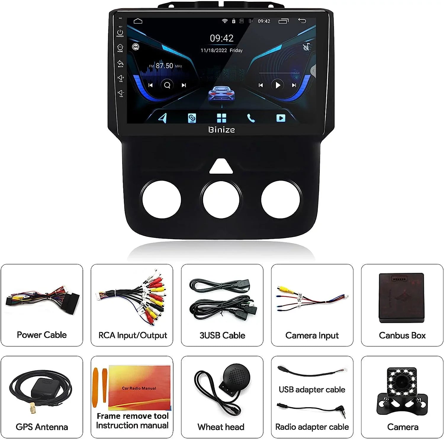 Dodge Radio Stereo 12 Wireless Auto/AM/FM/Backup Unit with Car GPS Camera/DSP/SWC/BT/WiFi/2+32GB in-Dash for 1500 Navigation 2500 Din CarPlay/Android Ram 3500 2013-2018, 9" Android Double Binize