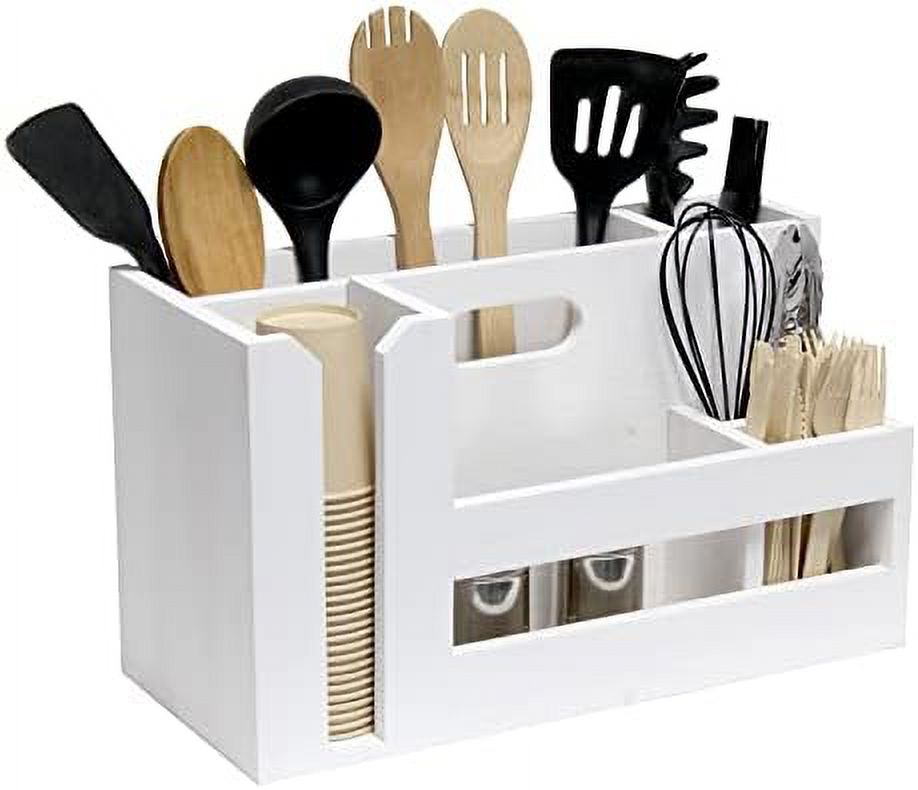 Condiment Flatware Compartments Picnic, Wooden Décor W Wht Farmhouse Handle Pantry Countertop Events Caddy Organizer Kitchen Utensils Breakfast & & Picks Wash BBQ For Cutout
