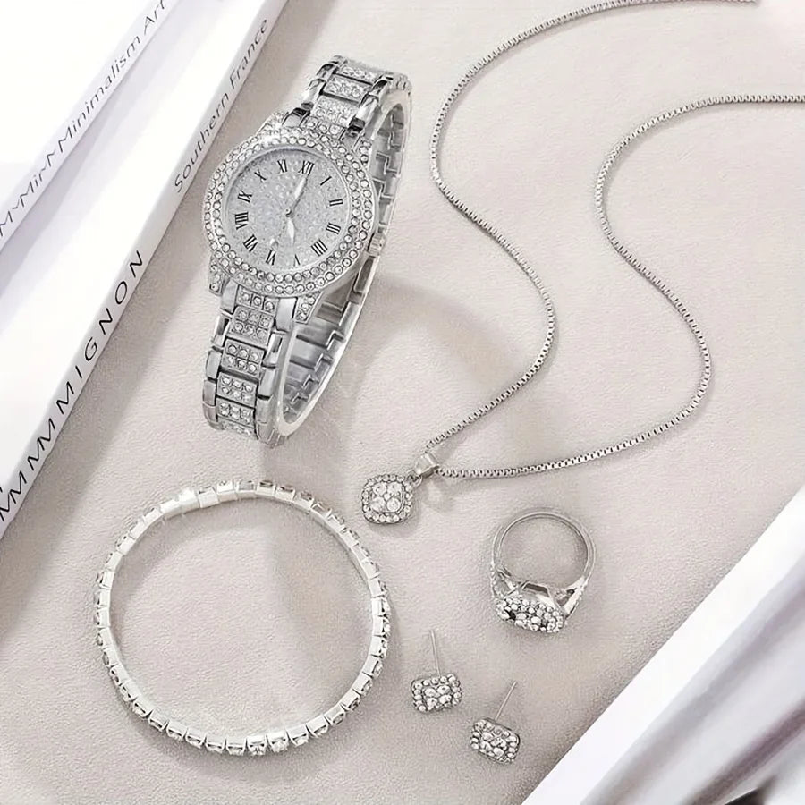 Hiphop Quartz Rhinestone Watch Jewelry Her Wrist 6pcs Fashion Watch Gift Luxury For & Set, Women Analog