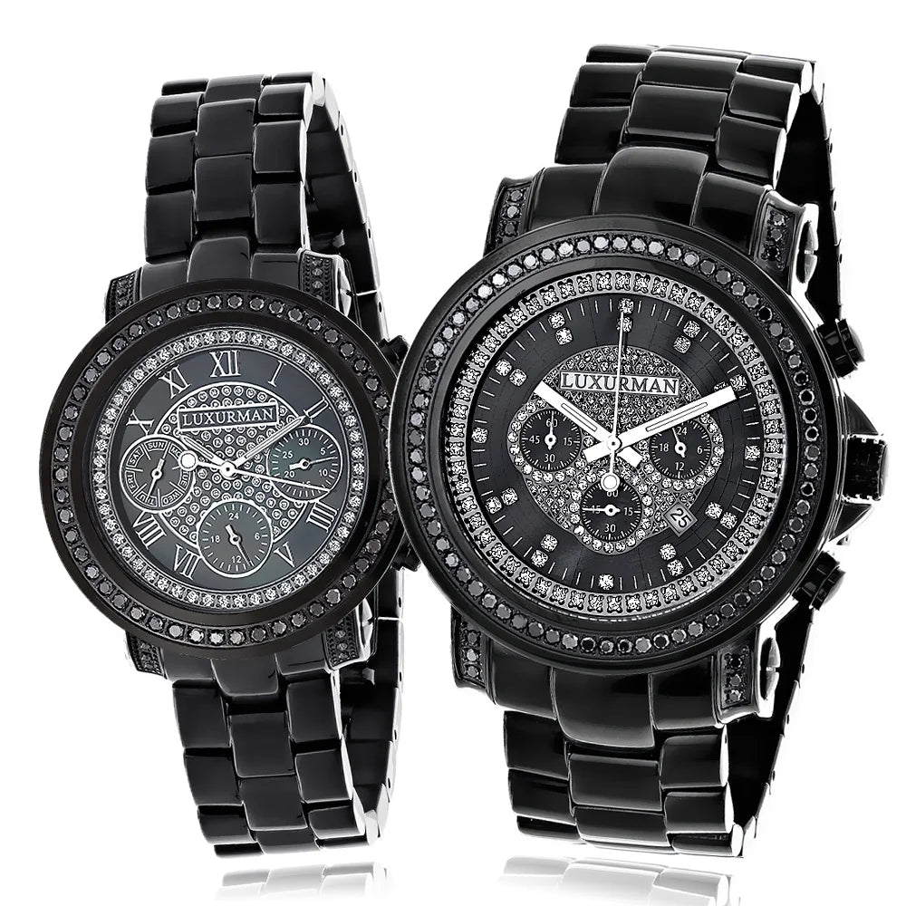 5.15ct Matching Large Watches: Watch Hers His Diamond and Set Black